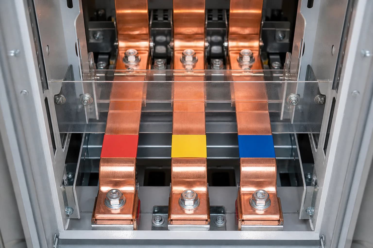 Copper busbars and coloured phase markers inside a three-phase distribution panel