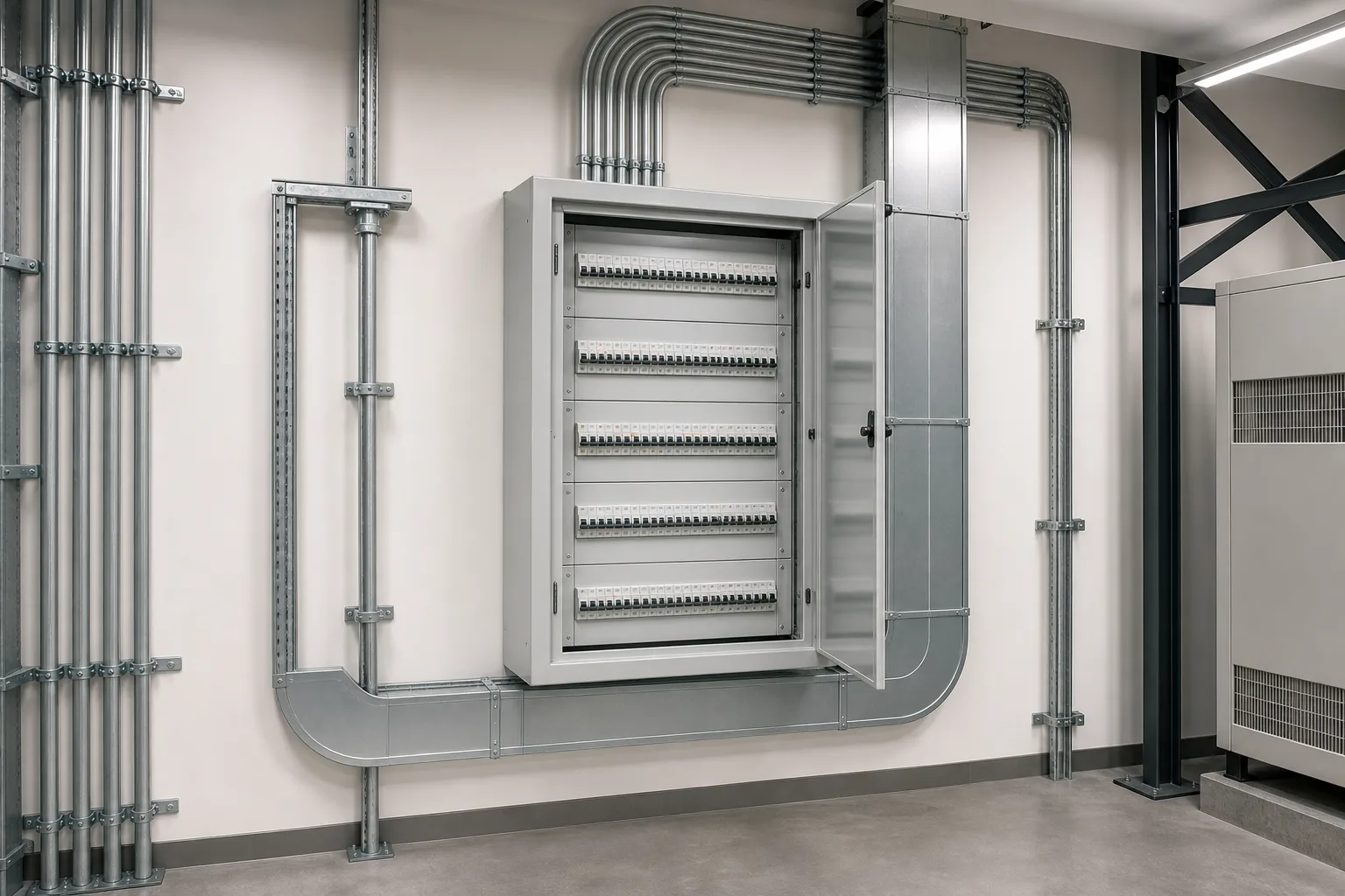New three-phase installation with distribution board and armoured cabling