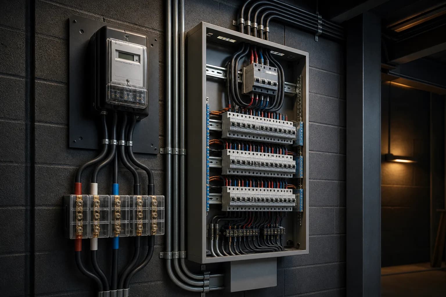 Three-phase supply upgrade with meter tails and distribution panel