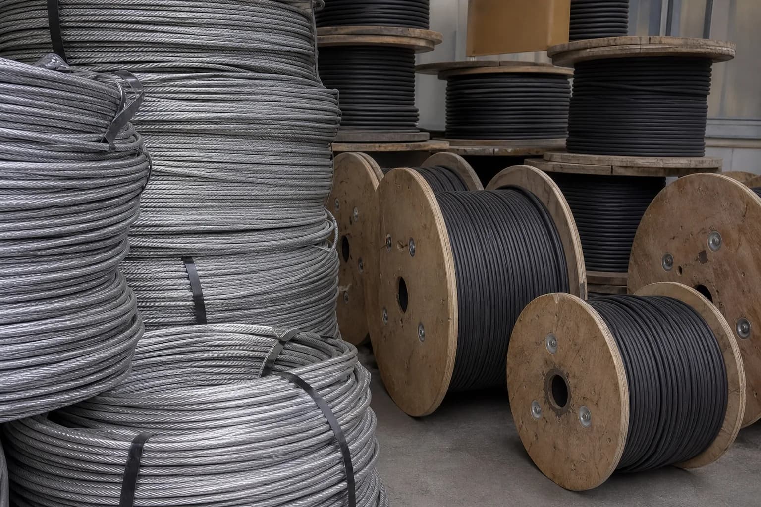 Rolls of steel wire armoured cable and cable drums in an electrical contractor store