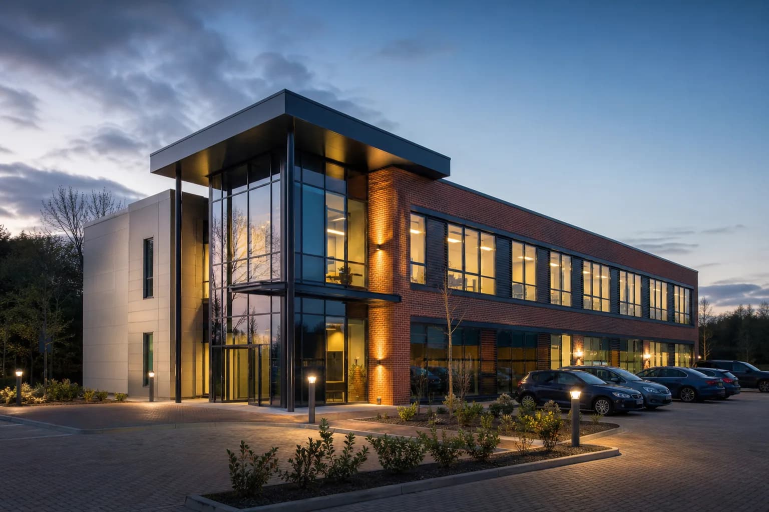 Exterior of a modern Hampshire commercial building at dusk