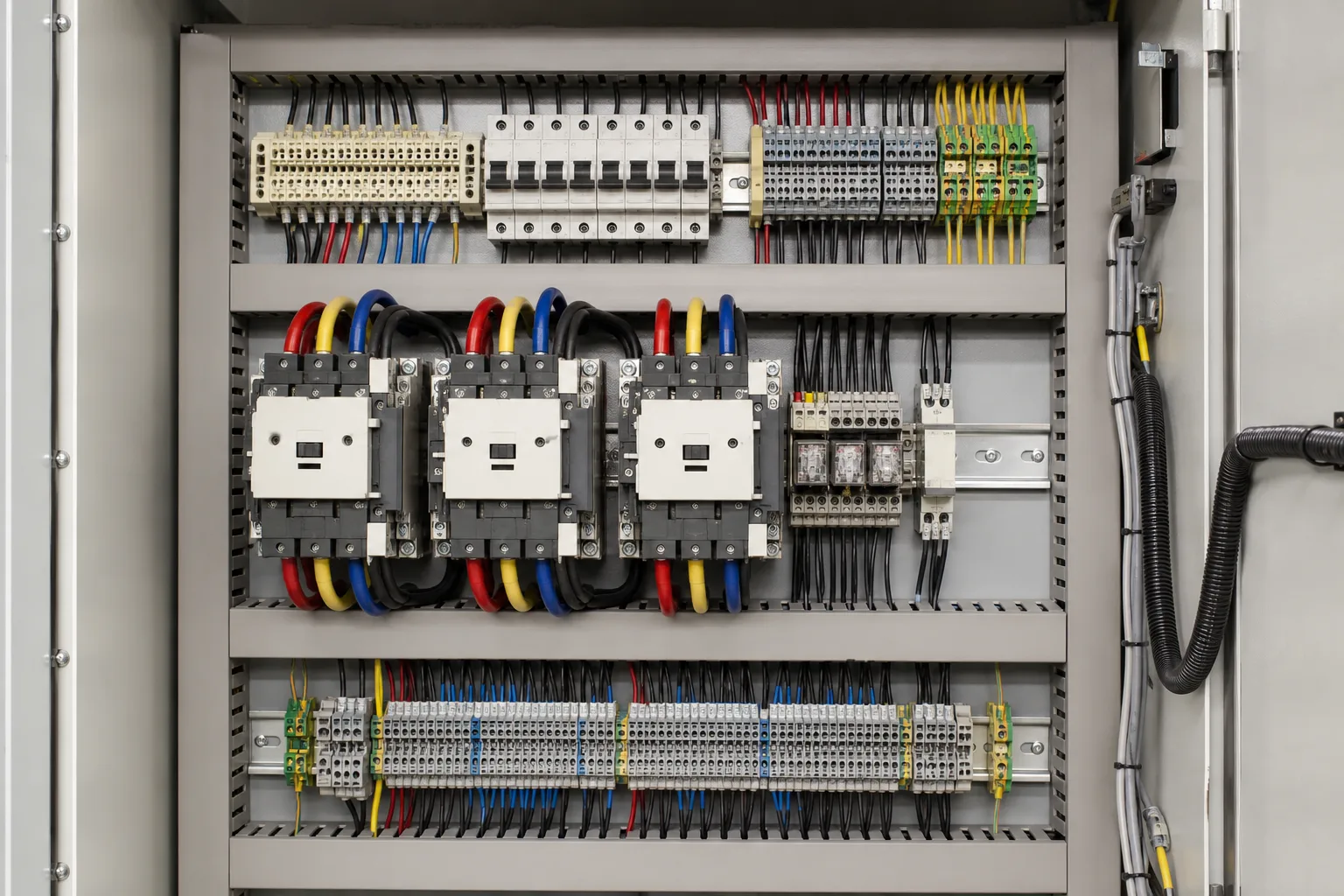 Neatly organised electrical control cabinet with three-phase contactors