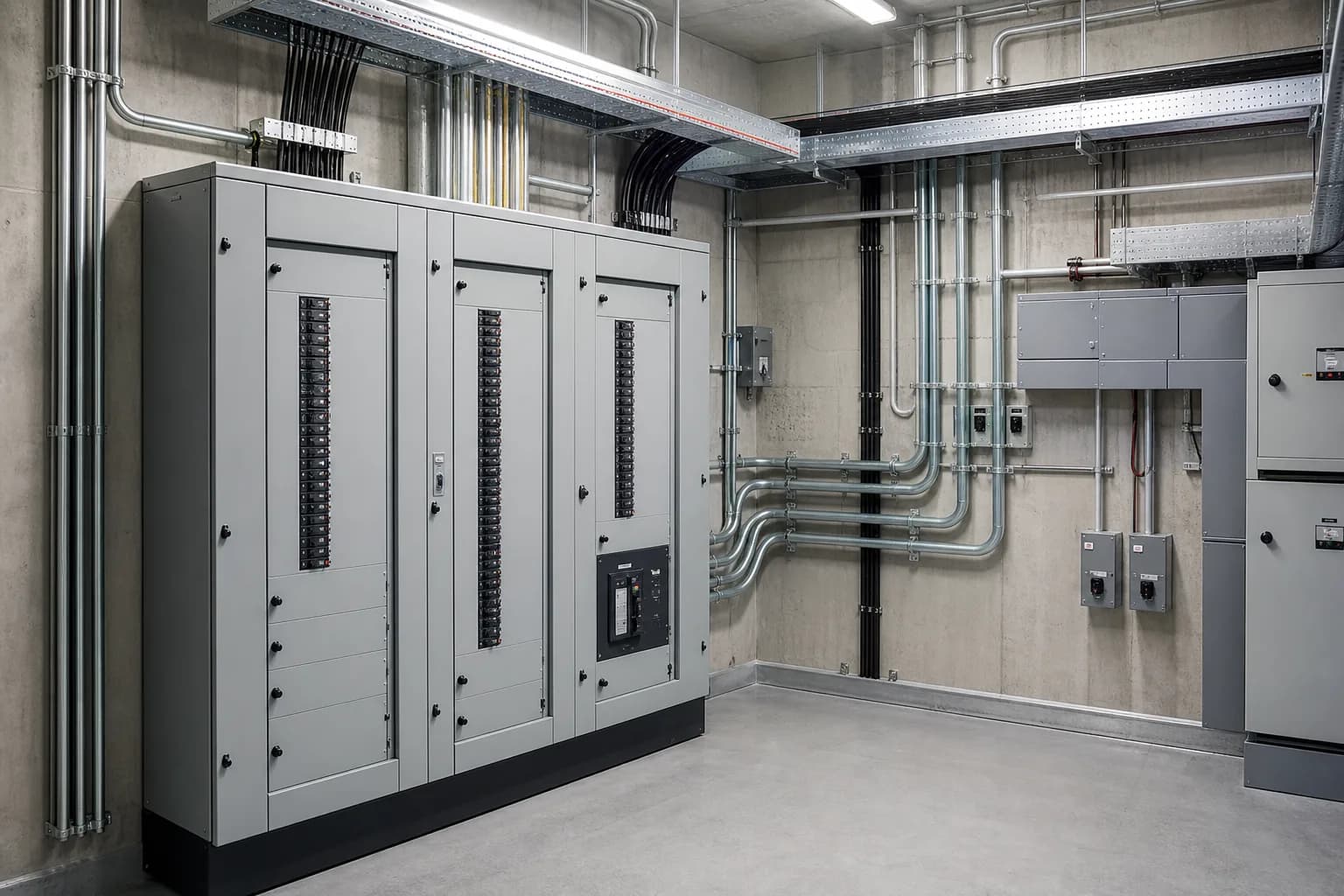 Industrial electrical switch room with three-phase distribution panels and cable trunking