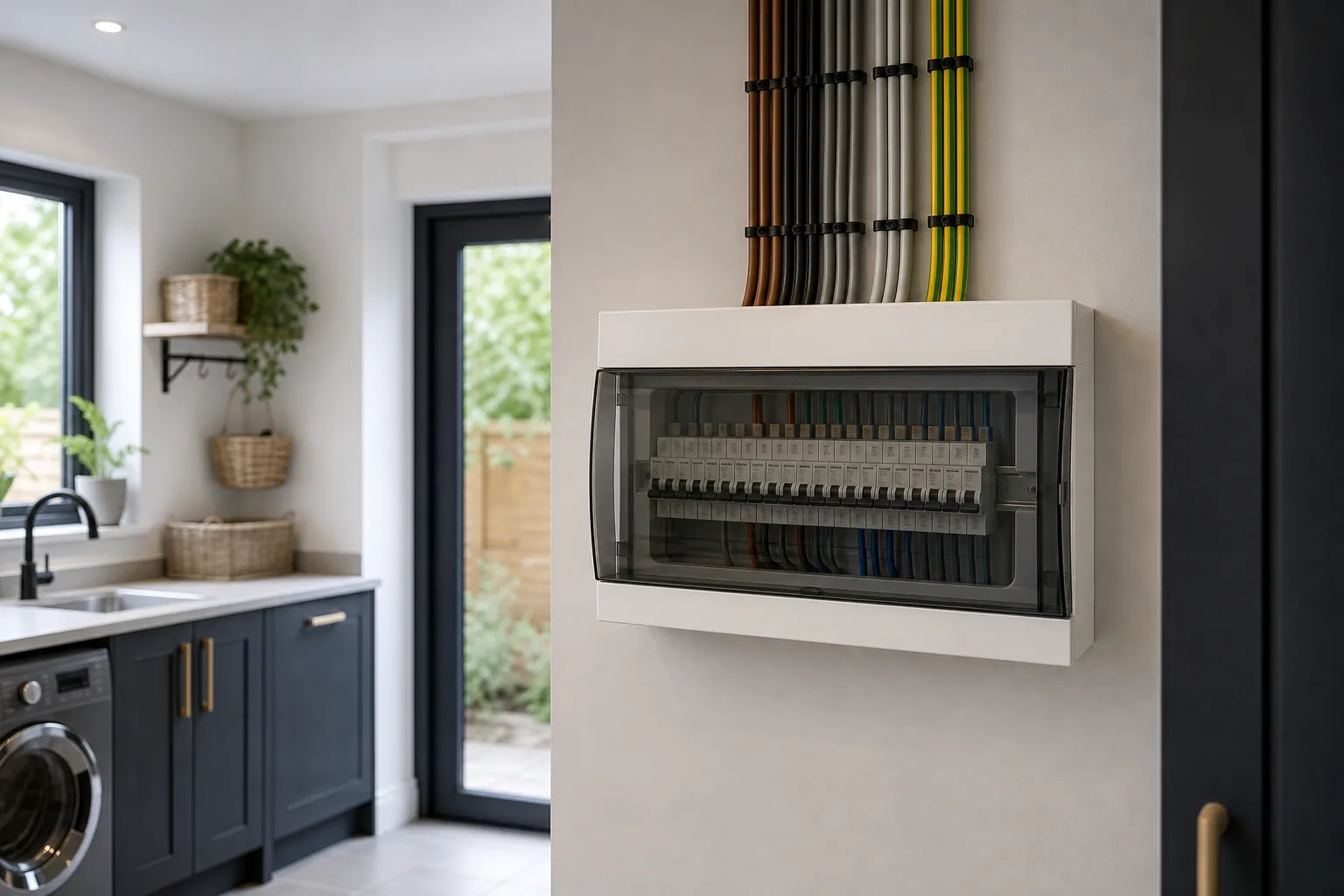 Domestic three-phase consumer unit and neat wiring installation