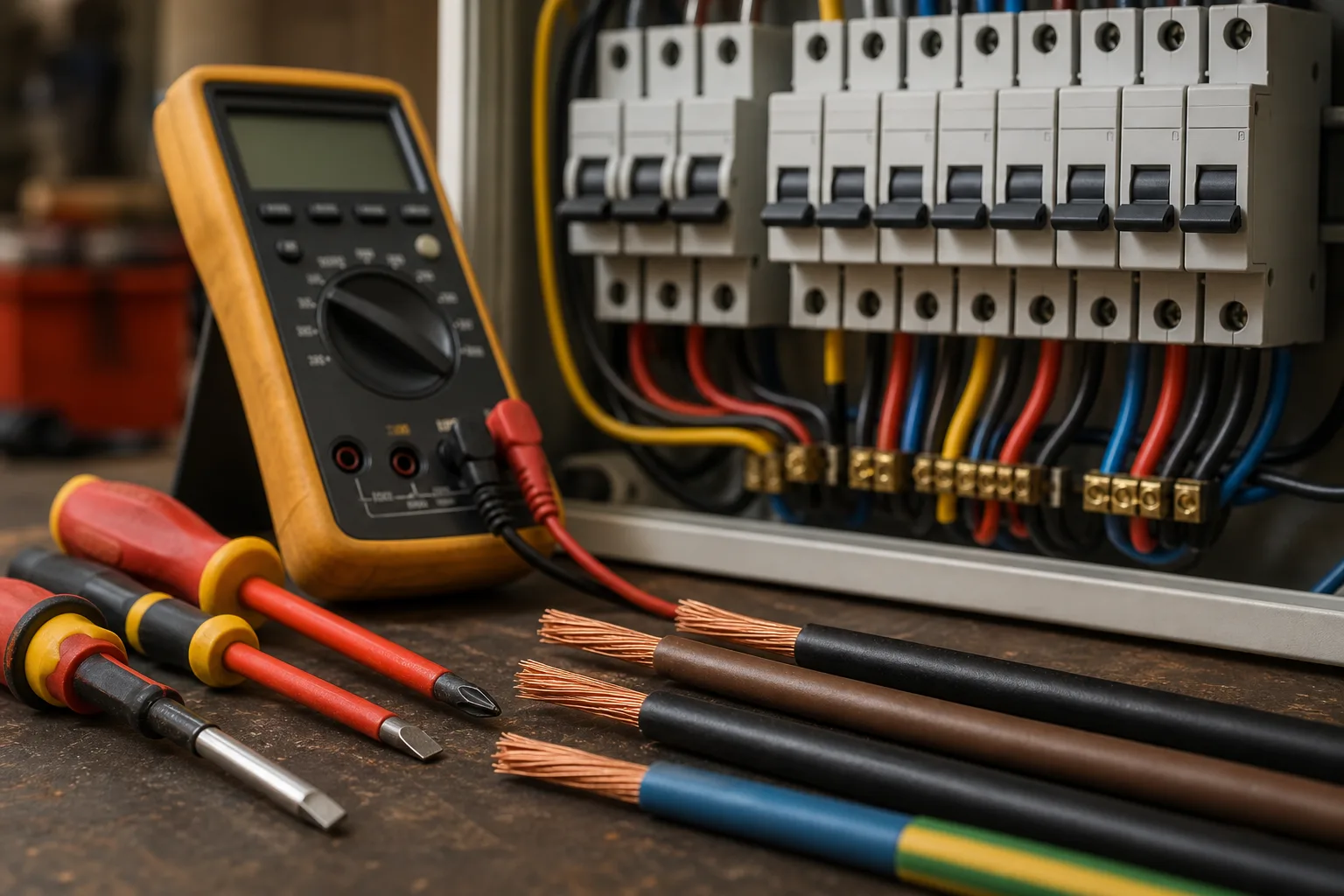 Three-phase electrician tools, multimeter and distribution board